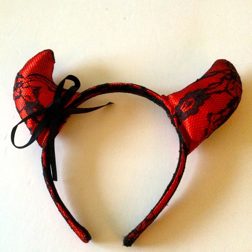 RED SATIN FORMED DEVIL HORNS HEADBAND WITH BLACK LACE NWOT